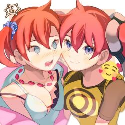 aiba_ami blue_eyes digimon digimon_story:_cyber_sleuth goggles goggles_on_head hair_ornament hairpin long_hair pink_hair red_hair shiramine_nokia sidetail twintails