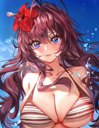 Rule 34 | 1girl, antenna hair, baocaizi, bikini, blue eyes, blue sky, blush, breasts, brown hair, cleavage, day, earrings, eyelashes, flower, hair flower, hair ornament, halterneck, hibiscus, highres, ichinose shiki, idolmaster, idolmaster cinderella girls, jewelry, large breasts, long hair, looking at viewer, necklace, parted lips, pendant, red flower, skindentation, sky, smile, solo, string bikini, striped bikini, striped clothes, swimsuit, underboob, upper body, water, water drop, wet