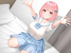 Rule 34 | 1girl, blue bow, blue skirt, bow, breasts, closed mouth, dutch angle, hair between eyes, hair bow, highres, indoors, large breasts, looking at viewer, on bed, original, outstretched arms, pillow, pink eyes, pink hair, plaid, plaid skirt, sailor collar, school uniform, serafuku, shadow, shirt, shirt overhang, short hair, short sleeves, sitting, skirt, smile, solo, straight hair, t-shirt, wariza, white sailor collar, white shirt, yamamura umi