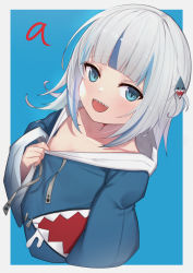 Rule 34 | 1girl, :d, a (phrase), blue background, blue eyes, blue hair, blue hoodie, commentary, cropped torso, drawstring, gawr gura, gawr gura (1st costume), grey background, grey hair, hair ornament, highres, hololive, hololive english, hood, hood down, hoodie, long sleeves, looking at viewer, multicolored hair, open mouth, revision, sharp teeth, smile, solo, streaked hair, teeth, two-tone background, two side up, uneg, upper body, virtual youtuber, wide sleeves