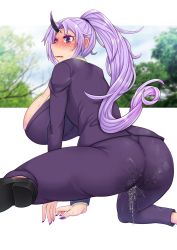 Rule 34 | 1girl, ass, blush, breasts, full-face blush, heavy breathing, high ponytail, highres, horns, huge breasts, light purple hair, loafers, long hair, nail polish, niwatora, oni horns, pants, purple eyes, purple nails, purple pants, purple suit, pussy juice, pussy juice drip through clothes, saliva, shion (tensei shitara slime datta ken), shoes, solo, suit, sweat, tears, tensei shitara slime datta ken
