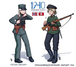 Rule 34 | 2girls, absurdres, ammunition pouch, aqua eyes, belt, belt pouch, black footwear, black headwear, black ribbon, bleeding, blonde hair, blood, blood on hands, blue eyes, bolt action, boots, brown belt, collared shirt, dagger, english text, full body, german text, green shirt, grey headwear, grey pants, grey shirt, gun, gun sling, hair ribbon, hand on own neck, handgun, hat, hat ornament, highres, holding, holding gun, holding weapon, holster, knife, krag jorgensen, kriegsmarine, long sleeves, looking at another, m1911, medium hair, military, military hat, military uniform, mixed-language text, multiple girls, navy, nazi flag, norway, norwegian flag, open mouth, original, ostwindprojekt, pants, pants tucked in, pocket, ponytail, pouch, reichsadler, ribbon, rifle, sailor, sheath, sheathed, shell casing, shirt, shoelaces, shoes, short hair, short ponytail, simple background, soldier, teeth, two-tone headwear, uniform, weapon, white background, world war ii