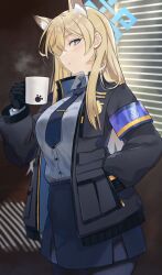 Rule 34 | 1girl, animal ears, armband, black gloves, black jacket, black pantyhose, blindfold, blonde hair, blue archive, blue armband, blue eyes, blue necktie, blue shirt, coffee mug, collared shirt, cup, extra ears, gloves, hair over one eye, halo, hand in pocket, holding, holding cup, indoors, jacket, kanna (blue archive), looking at viewer, mattsun (kai), mug, necktie, pantyhose, pencil skirt, police, police badge, police uniform, policewoman, shirt, skirt, tie clip, uniform, window blinds