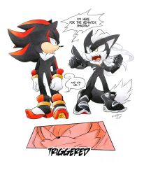 Rule 34 | 2boys, absurdres, artist name, blue eyes, comic, dated, english text, fangs, finik, full body, furry, furry male, gloves, heterochromia, highres, infinite (sonic), multiple boys, open mouth, pointing, red eyes, shadow the hedgehog, sharp teeth, shoes, signature, simple background, sonic (series), sonic forces, speech bubble, teeth, watermark, white background, white gloves, yellow eyes