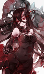 Rule 34 | 10s, 1girl, abyssal ship, armpits, bare shoulders, battleship water oni, black dress, black gloves, black hair, breasts, cleavage, crossed bangs, dress, elbow gloves, female focus, gloves, horns, kantai collection, labombardier!, large breasts, long hair, looking at viewer, pale skin, pointing, pointing at viewer, red eyes, single horn, sleeveless, sleeveless dress, solo, upper body, very long hair