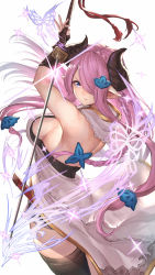 Rule 34 | 1girl, absurdres, braid, breasts, commentary request, demon horns, draph, fingerless gloves, gloves, granblue fantasy, hair ornament, hair over one eye, highres, holding, holding sword, holding weapon, horns, ikusaneko, katana, large breasts, light purple hair, long hair, looking at viewer, low tied hair, narmaya (granblue fantasy), parted lips, pointy ears, sheath, side slit, sideboob, single braid, sleeveless, swept bangs, sword, thighhighs, thighs, weapon