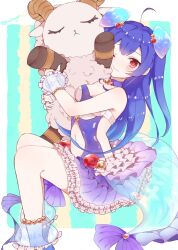 Rule 34 | 1girl, ahoge, bare shoulders, blue hair, breasts, choker, clothing cutout, dress, frilled dress, frills, goat, highres, hug, kuragegeso, long hair, navel cutout, noa (shironeko project), red eyes, shironeko project, small breasts, solo, stuffed animal, stuffed toy