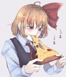 Rule 34 | 1girl, ahoge, black vest, blonde hair, blush, collared shirt, commentary request, cropped torso, eating, flat chest, food, grey background, hair between eyes, hair ribbon, highres, kanaria (bocmn), long sleeves, medium bangs, necktie, pepperoni, pizza, pizza slice, red eyes, red necktie, red ribbon, ribbon, rumia, sharp teeth, shirt, short hair, simple background, solo, teeth, touhou, translated, upper body, vest, white shirt