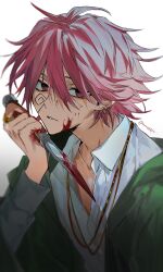 Rule 34 | 1boy, blood, carpaccio luo-yang, collared shirt, highres, knife, long sleeves, mashle, mm39572, parted lips, red eyes, red hair, shirt, short hair, solo, twitter username, upper body, white shirt
