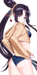 Rule 34 | 1girl, :o, ass, bikini, black hair, blue bikini, blue eyes, blush, breasts, cowboy shot, fate/grand order, fate (series), fingernails, forehead, hand on own hip, highres, hood, hood down, hooded jacket, jacket, long hair, long sleeves, looking at viewer, looking back, medium breasts, misumi (macaroni), open clothes, open jacket, parted bangs, parted lips, ponytail, simple background, sleeves past wrists, solo, swimsuit, ushiwakamaru (fate), ushiwakamaru (fate/grand order), ushiwakamaru (swimsuit assassin) (fate), ushiwakamaru (swimsuit assassin) (first ascension) (fate), very long hair, white background, yellow jacket