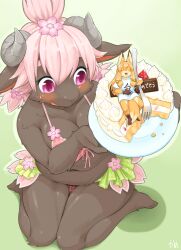 Rule 34 | 2girls, :3, absurdres, animal ear fluff, animal ears, animal nose, arms up, artist name, bare shoulders, barefoot, bell, belly, bikini, blush, blush stickers, body fur, bottomless, breasts, brown fur, cake, chocolate, cleavage, closed eyes, clothes writing, collarbone, cream, curled horns, fang, female focus, flat chest, flower, food, fork, fox ears, fox girl, fox tail, from above, front-tie bikini top, front-tie top, fruit, full body, furry, furry female, green background, grey fur, grey horns, hair bell, hair flower, hair ornament, hand on own stomach, happy, highres, holding, holding food, holding plate, horns, japanese text, jingle bell, kame (3t), kneeling, koko (kishibe), large breasts, long hair, looking at another, medium hair, mini person, minigirl, multicolored fur, multiple girls, navel, open mouth, orange fur, orange hair, original, outline, pink bikini, pink eyes, pink flower, pink hair, plaid, plaid bikini, plate, sheep ears, sheep girl, sheep horns, shiny skin, shirt, short sleeves, sidelocks, signature, simple background, sitting, smile, snout, strawberry, sweat, swimsuit, tail, thick eyebrows, thighs, topknot, translation request, twintails, wariza, white shirt, yellow fur