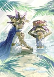 Rule 34 | 2boys, armlet, atem, basket, blonde hair, cape, closed mouth, commentary request, day, dyed bangs, egyptian, food, fruit, fushitasu, hand on own knee, holding, jewelry, looking up, male focus, multicolored hair, multiple boys, muto yugi, open mouth, outdoors, purple hair, sitting, smile, spiked hair, water, yu-gi-oh!, yu-gi-oh! duel monsters