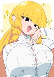 Rule 34 | 1girl, black eyes, blonde hair, blunt bangs, blush, breasts, button gap, collared shirt, drill hair, drill sidelocks, eyelashes, fang, highres, huge breasts, kaneda mochiko, long hair, long sleeves, looking at viewer, mount celebrity kaneda-san, mzh, open mouth, shirt, sidelocks, simple background, solo, sparkle, two-tone background, upper body, very long hair, white shirt