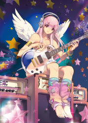 Rule 34 | 1girl, amplifier, barefoot, breasts, covering privates, electric guitar, feet, guitar, headphones, instrument, large breasts, leg warmers, long hair, looking at viewer, matsuki ringo, multicolored clothes, multicolored legwear, nail polish, nitroplus, nude, nude cover, pink eyes, pink hair, sitting, smile, solo, star (symbol), super sonico, toeless legwear, toenail polish, toenails, toes, transparent, wings