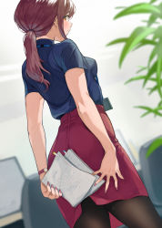 Rule 34 | 1girl, arms behind back, black pantyhose, blue shirt, blurry, blurry background, blush, brown eyes, brown hair, chair, closed mouth, commentary, depth of field, doushimasho, dutch angle, from behind, highres, holding, holding paper, indoors, lanyard, long hair, looking at viewer, looking back, low ponytail, nail polish, office chair, office lady, original, pantyhose, paper, pencil skirt, ponytail, profile, shirt, short sleeves, sidelocks, skirt, smile, solo, standing, swivel chair, watch, wristwatch