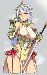 Rule 34 | 1girl, armor, bare shoulders, between thighs, blush, breasts, cowboy shot, cropped legs, earrings, elbow gloves, elf, gauntlets, gloves, groin, hand to own mouth, headgear, heavy breathing, houtengeki, impossible clothes, jewelry, knight, large breasts, loincloth, long hair, no panties, original, pelvic curtain, pointy ears, red eyes, silver hair, simple background, solo, sweat, sword, weapon, white gloves