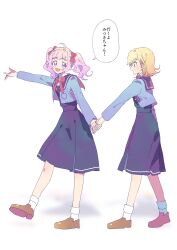 Rule 34 | 2girls, :d, aozora himari, blonde hair, blue dress, blue eyes, blue jacket, blunt bangs, bow, brown footwear, collared shirt, commentary request, cropped jacket, dress, from side, full body, hair bow, highres, himitsu no aipri, holding hands, hoshikawa mitsuki, jacket, long hair, long sleeves, looking at another, looking back, multiple girls, open mouth, pink bow, pink hair, pretty series, profile, purple eyes, school uniform, shirt, shoes, short hair, simple background, smile, socks, speech bubble, tsujii luki, twintails, walking, white background, white shirt, white socks
