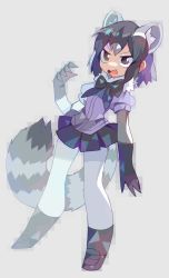 Rule 34 | 10s, 1girl, amakusa (hidorozoa), animal ears, bad id, bad twitter id, black bow, black bowtie, bow, bowtie, brown eyes, commentary, common raccoon (kemono friends), elbow gloves, fang, full body, fur collar, gloves, grey background, grey gloves, grey hair, highres, kemono friends, legs apart, open mouth, pantyhose, pleated skirt, raccoon ears, raccoon tail, romaji commentary, shoes, short hair, simple background, skirt, solo, standing, tail, vest, white pantyhose