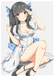 Rule 34 | 1girl, absurdres, black footwear, black hair, blue bow, blue eyes, blush, bow, breasts, chestnut mouth, choker, cleavage, dress, full body, grey background, hair ornament, hairclip, highres, long hair, looking at viewer, medium breasts, original, qianxiaolin, sitting, solo, underwear, white choker, white dress