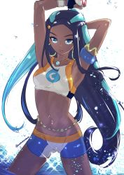 Rule 34 | 1girl, arms up, belly chain, bikini, bikini shorts, black hair, blue eyes, blue gloves, blue hair, breasts, closed mouth, cowboy shot, creatures (company), dark-skinned female, dark skin, fingerless gloves, floating hair, game freak, gloves, gym leader, hair ornament, hairclip, highres, holding, holding poke ball, jewelry, long hair, looking at viewer, medium breasts, multicolored hair, navel, nessa (pokemon), nintendo, poke ball, pokemon, pokemon swsh, shorts, simple background, sketch, solo, sports bikini, standing, swimsuit, twitter username, two-tone hair, uenoryoma, very long hair, wading, white background, wristband