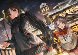 Rule 34 | 2girls, ahoge, bag, blush, bow, breath, building, closed mouth, coat, commentary request, grocery bag, hair between eyes, hair bow, hair ribbon, highres, holding, kantai collection, lamppost, long hair, long sleeves, looking at viewer, multiple girls, night, open mouth, outdoors, red bow, red scarf, ribbon, scarf, shopping bag, shouhou (kancolle), skirt, smile, snow, snowing, steam, toka (marchlizard), very long hair, winter, winter clothes, winter coat, zuihou (kancolle)
