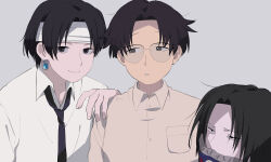 Rule 34 | 3boys, :o, absurdres, black eyes, black hair, black necktie, breast pocket, buttons, chrollo lucilfer, closed mouth, collared shirt, covered mouth, earrings, feitan portor, glasses, headband, highres, hunter x hunter, jewelry, kojirou (kojirou sousaku), light smile, looking at another, looking at viewer, male focus, multiple boys, necktie, pocket, shirt, white headband, wing (hunter x hunter)