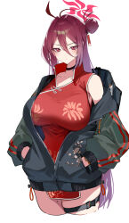 Rule 34 | 1girl, absurdres, antenna hair, armpits, black choker, blue archive, blush, breasts, choker, collarbone, cropped legs, double-parted bangs, hair between eyes, hair bun, halo, hands in pockets, highres, jacket, large breasts, letterman jacket, looking at viewer, mole, mole on collarbone, mole on thigh, mole under eye, pelvic curtain, red eyes, red hair, reijo (blue archive), shiro marimo, simple background, single side bun, solo, sweatdrop, thigh strap, white background