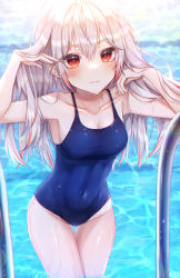Rule 34 | 1girl, absurdres, blue one-piece swimsuit, breasts, cleavage, cowboy shot, highres, kes 0210, long hair, looking at viewer, medium breasts, navel, one-piece swimsuit, original, pool ladder, red eyes, school swimsuit, silver hair, soaking feet, solo, standing, swimsuit, thigh gap, wading, water