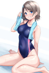 Rule 34 | 1girl, absurdres, blue eyes, blue one-piece swimsuit, blush, competition swimsuit, covered navel, grey hair, highres, kneeling, looking at viewer, love live!, love live! sunshine!!, one-piece swimsuit, rama (yu-light8), short hair, simple background, smile, solo, swimsuit, teeth, towel, watanabe you, white background