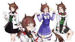 Rule 34 | 1girl, absurdres, animal, animal ears, animal on hand, baatiaanshi, bird, black skirt, brown hair, chick, closed eyes, closed mouth, clover hair ornament, collared shirt, commentary, cropped legs, english commentary, fine motion (umamusume), gloves, green eyes, hair bun, hair intakes, hair ornament, hand on own cheek, hand on own face, highres, horse ears, horse girl, horse tail, jacket, long sleeves, looking at viewer, medium hair, multicolored hair, multiple views, notice lines, one eye closed, open mouth, pleated skirt, purple shirt, purple skirt, sailor collar, school uniform, shirt, simple background, single hair bun, sitting, skirt, smile, tail, teeth, tracen school uniform, two-tone hair, umamusume, upper teeth only, waving, white background, white gloves, white jacket