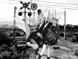Rule 34 | 1girl, animal ears, asagina gi, bandaid, bandaid on face, bush, commentary, demon horns, dirt road, feet out of frame, grin, halo, highres, horns, jacket, long sleeves, looking at viewer, monochrome, mountainous horizon, original, outdoors, pleated skirt, power lines, railroad crossing, railroad signal, road, road sign, sidelocks, sign, skirt, smile, socks, solo, symbol-only commentary, tail, transformer, utility pole, wide sleeves, wings
