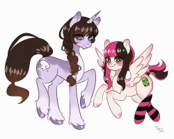 2024 2girls artist_name blue_eyes braid brown_eyes brown_hair cutie_mark mountain_dew multiple_girls my_little_pony my_little_pony:_friendship_is_magic pegasus pink_hair pony rowsvee socks striped_clothes striped_socks toxicosplays unicorn white_background wings ywuukii