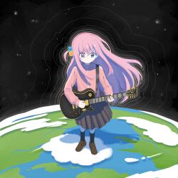 Rule 34 | 1girl, black socks, blue eyes, bocchi the rock!, brown footwear, closed mouth, commentary request, cube hair ornament, earth (planet), full body, garlica, gotoh hitori, guitar, hair ornament, highres, holding, holding instrument, instrument, jacket, long hair, long sleeves, music, pink hair, pink jacket, planet, playing instrument, pleated skirt, shoes, side ahoge, skirt, socks, solo, standing, star (sky), track jacket