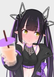 Rule 34 | 1girl, black hair, black jacket, black shirt, blouse, blunt bangs, blurry, blush, breasts, bubble tea, cleavage, commentary request, crop top, cross-laced clothes, cross-laced sleeves, cup, demon girl, demon horns, depth of field, drinking straw, embarrassed, grey background, heart, heart print, highres, holding, holding cup, horns, incoming drink, jacket, kiyama motonobu, kojo anna, kojo anna (1st costume), long hair, long sleeves, looking to the side, medium breasts, midriff, multicolored hair, nanashi inc., off shoulder, open clothes, open jacket, open mouth, pointy ears, print shirt, purple hair, russian text, see-through, see-through cleavage, see-through shirt, shirt, simple background, sleeveless, sleeveless shirt, solo, sugar lyric, twintails, two-tone hair, upper body, virtual youtuber, yellow eyes, zipper