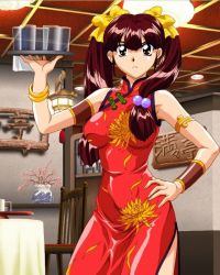 Rule 34 | armlet, artist request, bracelet, breasts, brown eyes, brown hair, character request, china dress, chinese clothes, copyright request, dress, food, hand on own hip, hip focus, jewelry, restaurant, ribbon, servant, side slit, narrow waist, source request, tray, twintails, waitress