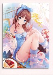 Rule 34 | 1girl, absurdres, bandaid, bare shoulders, blue eyes, blush, bow, breasts, brown hair, cake, cake slice, camisole, cherry, closed mouth, collarbone, cup, food, fork, frills, fruit, hair bow, hair ribbon, hanekoto, head tilt, highres, holding, holding fork, indoors, jacket, key, lips, long hair, long sleeves, looking at viewer, medium breasts, off shoulder, open clothes, open jacket, original, pillow, plate, ribbon, scan, shiny skin, shorts, sitting, smile, socks, solo, stuffed animal, stuffed rabbit, stuffed toy, teacup, thighs, window