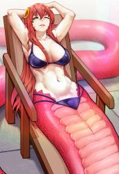 Rule 34 | 1girl, absurdres, arms up, bikini, breasts, chair, commission, commissioner upload, hair between eyes, hair ornament, highres, huge filesize, lamia, large breasts, long hair, lounge chair, lying, miia (monster musume), monster girl, monster musume no iru nichijou, on back, one eye closed, pointy ears, red hair, scales, scribblesquab, slit pupils, solo, sweat, swimsuit, tail, yellow eyes