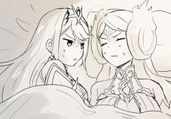 Rule 34 | 2girls, bad id, bad twitter id, bed, breasts, brighid (xenoblade), closed eyes, collarbone, earrings, fire, greyscale, headpiece, jewelry, large breasts, long hair, madanai (morisumeshi), monochrome, multiple girls, mythra (xenoblade), nintendo, simple background, swept bangs, tiara, xenoblade chronicles (series), xenoblade chronicles 2, xenoblade chronicles 2: torna - the golden country, yuri