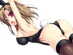 Rule 34 | 1girl, animal ears, arms up, ass, back, bare shoulders, bow, bowtie, breasts, brown hair, fake animal ears, large breasts, legs, leotard, looking at viewer, open mouth, pink eyes, playboy bunny, rabbit ears, sabotencc, short hair, sideboob, simple background, solo, tail, thighhighs, thighs