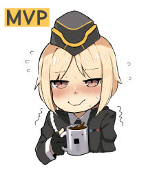 Rule 34 | 1girl, aiguillette, black gloves, black necktie, blonde hair, blush, brown eyes, closed mouth, coffee, coffee mug, collared shirt, cropped torso, cup, dress shirt, english text, flying sweatdrops, garrison cap, girls&#039; frontline, gloves, hat, highres, holding, holding cup, jacket, kion-kun, military, military jacket, military uniform, mp40 (girls&#039; frontline), mug, necktie, shirt, short hair, sidelocks, simple background, smile, solo, sweat, trembling, uniform, white background, white shirt