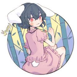 Rule 34 | 1girl, animal ears, artist name, bamboo, black hair, blush, carrot necklace, character name, commentary request, dress, floppy ears, frilled dress, frilled sleeves, frills, from behind, highres, inaba tewi, jewelry, looking at viewer, m (m073111), moon, necklace, one-hour drawing challenge, outside border, pink dress, puffy short sleeves, puffy sleeves, rabbit ears, rabbit tail, red eyes, ribbon-trimmed dress, round image, short hair, short sleeves, solo, tail, touhou, wavy hair