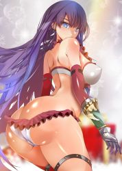 Rule 34 | 1girl, absurdres, arched back, ass, back, bare shoulders, bikini, blue eyes, blunt bangs, breasts, butt crack, elbow gloves, fate/grand order, fate (series), gauntlets, gloves, highres, large breasts, long hair, looking at viewer, looking back, martha (fate), martha (swimsuit ruler) (fate), martha (swimsuit ruler) (third ascension) (fate), purple hair, red gloves, solo, swimsuit, thigh strap, thighs, white bikini, yahoo0124