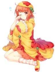 Rule 34 | 1girl, cape, character request, food, frilled pillow, frills, from side, hair ornament, hairclip, hat, hazuki (sutasuta), highres, hooded, hugging object, long sleeves, miniskirt, omelet, omurice, one eye closed, orange hair, orange skirt, pillow, pillow hug, pom pom (clothes), red eyes, short hair, simple background, sitting, skirt, sleepy, slippers, socks, solo, striped clothes, striped legwear, striped socks, wariza, white background, yellow cape, yellow footwear, yellow hat