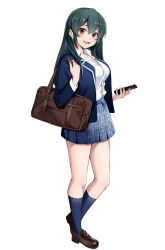 Rule 34 | 1girl, bag, blue jacket, blue skirt, blue socks, blush, breasts, brown eyes, cellphone, cleavage, collarbone, dot nose, from side, full body, green hair, hand up, heel up, highres, holding, holding phone, holding strap, idolmaster, idolmaster cinderella girls, idolmaster cinderella girls starlight stage, jacket, loafers, long hair, long sleeves, looking at viewer, medium breasts, miniskirt, ohishi izumi, open clothes, open jacket, open mouth, phone, plaid, plaid skirt, pleated skirt, school uniform, shirt, shoes, shoulder bag, skirt, smartphone, smile, socks, solo, standing, white shirt, yoshimoto (carpsukidayo)