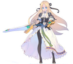 Rule 34 | 1girl, black pantyhose, black ribbon, blonde hair, blue eyes, breasts, contrapposto, corset, dress, enkyo yuuichirou, floating hair, full body, hair ribbon, holding, holding sword, holding weapon, long hair, looking at viewer, medium breasts, pantyhose, parted bangs, puffy sleeves, ribbon, simple background, solo, sword, two-handed, very long hair, weapon, white background, yggdra union, yggdra yuril artwaltz