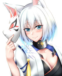 Rule 34 | 1girl, animal ears, azur lane, blue eyes, blush, breasts, commentary request, fox ears, fox girl, fox mask, hair between eyes, hand up, highres, holding, holding mask, japanese clothes, kaga (azur lane), kimono, looking at viewer, mask, medium breasts, pon (koteigainen), short hair, silver hair, smile, solo, upper body, white kimono, wide sleeves