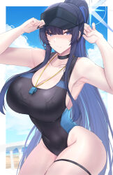 Rule 34 | 1girl, absurdres, armpits, bare shoulders, black hat, blue archive, blue eyes, blush, breasts, choker, collarbone, competition swimsuit, covered navel, half-closed eyes, halo, hat, high ponytail, highres, kanta (kanta 077), large breasts, long hair, looking at viewer, one-piece swimsuit, outside border, saori (blue archive), sidelocks, solo, swimsuit, thigh strap, thighs, two-tone swimsuit, wet, whistle, whistle around neck, wide hips