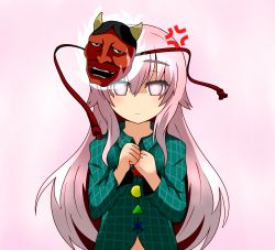 Rule 34 | 1girl, anger vein, bad id, bad pixiv id, bow, expressionless, hata no kokoro, hato no suisou, highres, long hair, long sleeves, mask, mouth mask, oni mask, pink eyes, pink hair, shirt, solo, touhou, upper body, very long hair, wide sleeves