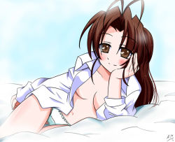 Rule 34 | 1girl, antenna hair, arm support, bed sheet, breasts, breasts apart, brown eyes, brown hair, collarbone, dress shirt, fingernails, head rest, light smile, long hair, looking at viewer, love hina, lying, medium breasts, navel, no bra, on bed, on side, open clothes, open shirt, otohime mutsumi, panties, pantyshot, s kite, shirt, signature, solo, thigh gap, thighs, underwear, white panties, white shirt