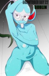 Rule 34 | 1girl, alternate color, arm up, armpits, artist name, bald, black eyes, blue skin, breasts, closed mouth, collarbone, colored nipples, colored skin, completely nude, creatures (company), dated, demon girl, english text, fangs, fangs out, female focus, full body, game freak, gen 8 pokemon, glasses, gradient background, green hair, grey-framed eyewear, grey background, half-closed eyes, hand on own head, happy, highres, impidimp, inktober, kneeling, long hair, looking at viewer, multicolored hair, multicolored skin, nintendo, nipples, nude, on floor, peach-cup, personification, pince-nez, pointy ears, pokemon, pokemon (creature), presenting armpit, pussy, round eyewear, shiny pokemon, shiny skin, signature, small breasts, smile, solo, sparkle, spread legs, thighs, tile floor, tiles, tongue, tongue out, two-tone hair, two-tone skin, uncensored, white hair, white nipples, white pussy, white skin, white tongue